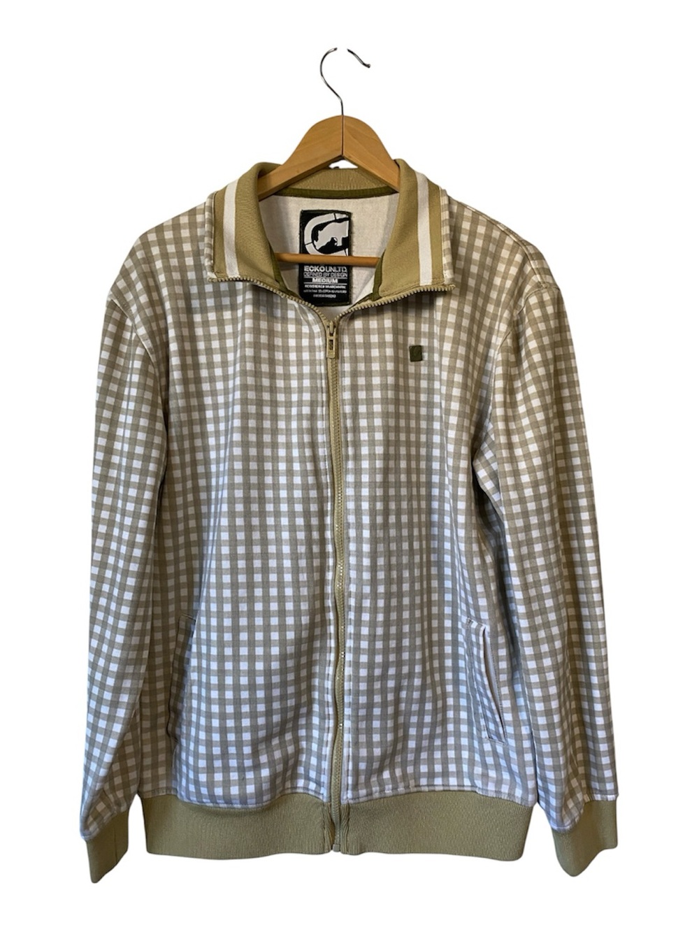 Vintage Ecko Unltd Gingham Track Jacket Tan White Zip Up Y2K Check Sweater M